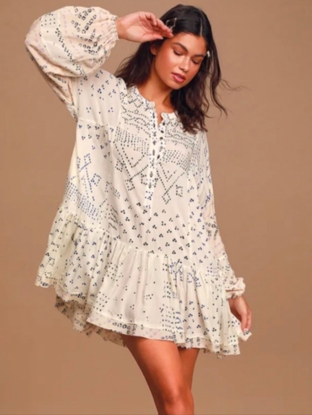 Free People Shibori Ivory Print Long Sleeve Button-Up Tunic Dress Womans Size S